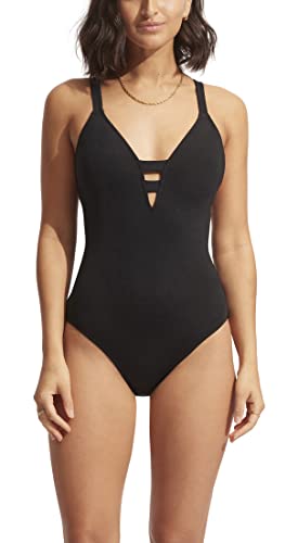 Seafolly Women's Standard Active Deep V Plunge Maillot One Piece Swimsuit, Eco Collective Black, 6