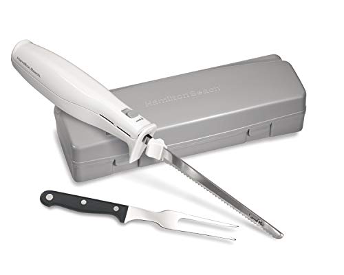 Hamilton Beach Electric Knife Set for Carving Meats, Poultry, Bread, Crafting Foam & More, Reciprocating Serrated Stainless Steel Blades, Ergonomic Design Storage Case + Fork Included, 5Ft Cord, White