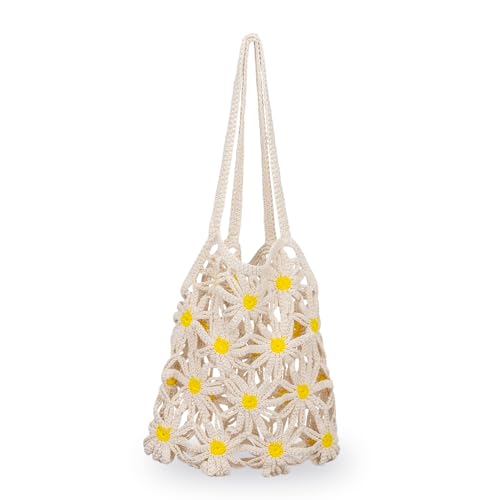 Miaomoo Small Flower Tote Bag for Beach, White Cute Aesthetic Knit Mesh Totebag for Women, Net Cotton Handbag for Vacation, Hand-knitted Bag Crochet Tote Shoulder Purse for Beach