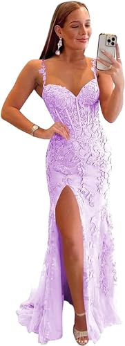 Lilac Lace Prom Dresses for Women Ball Gown Long Spaghetti Strap Corset Formal Dress with Slit Size 4