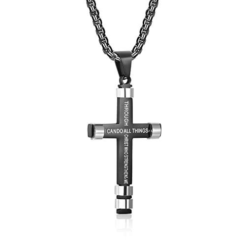 ZRAY Philippians 4:13 Cross Necklace for Men Strength Bible Verse I CAN DO ALL THINGS Pendant Stainless Steel Chain Meaningful Jewelry Gift for Boy (Black)