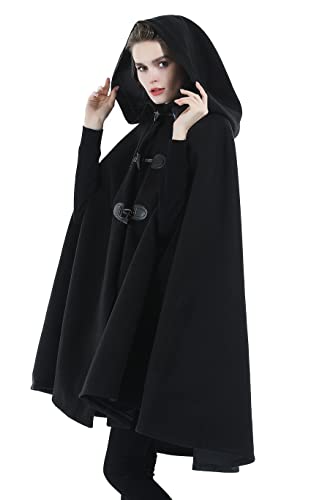 SUFCOMOU Cape Coat Women Hooded Poncho Cloak Vintage Plus Size Outwear Winter (Black)