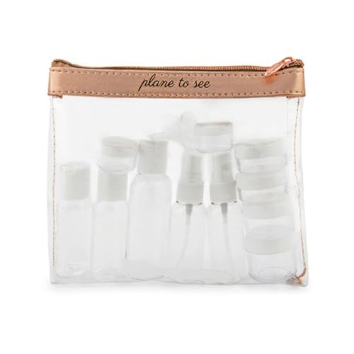 MIAMICA “Plane to See” TSA Compliant Travel Toiletry Bag – Includes 15 Pieces – 7.5” L x 6.5” W x 1.25” D, Clear/Rose Gold – Cute Travel Gifts