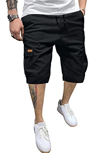 JMIERR Mens Casual Twill Cargo Shorts Cotton Drawstring Classic Cargo Stretch Short with 6 Pockets for men, US36(L), A Black