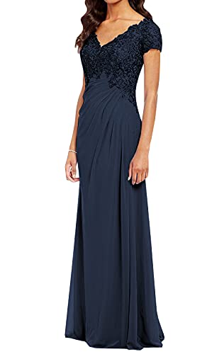 Lace Navy Blue Mother of The Bride Dress Long V-Neck Chiffon Formal Gown Evening Dress with Sleeves Size 12