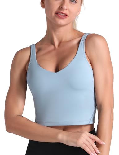 Dragon Fit Women’s Longline Sports Bra Wirefree Padded Medium Support Yoga Bras Gym Running Workout Tank Tops Demin Blue