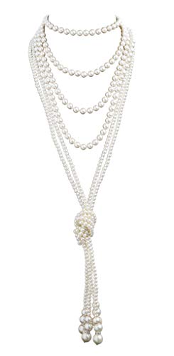 Cizoe 1920s Pearls Necklace Fashion Faux Pearls Gatsby Accessories Vintage Costume Jewelry Cream Long Necklace for Women(B-a-knot Pearl Necklace*2 + 59' Necklace*1-white)