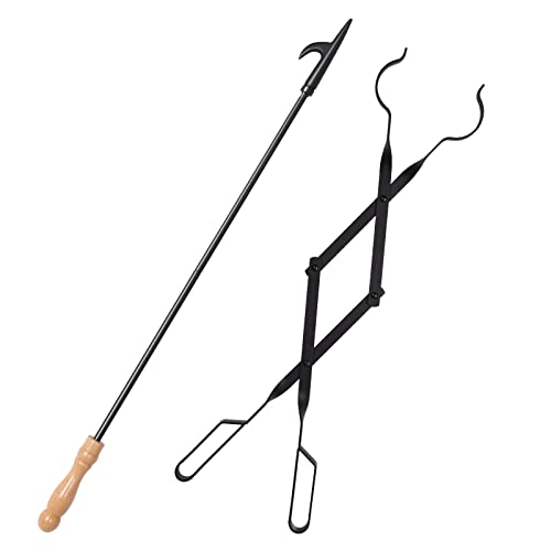 Heavy Duty 32” Long Fireplace Fire Pit Campfire Poker Stick and 26” Fireplace Tongs Tool Sets, Log Grabber, Rust Resistant Black Finish Camping Fireplace Tools for Indoor/Outdoor