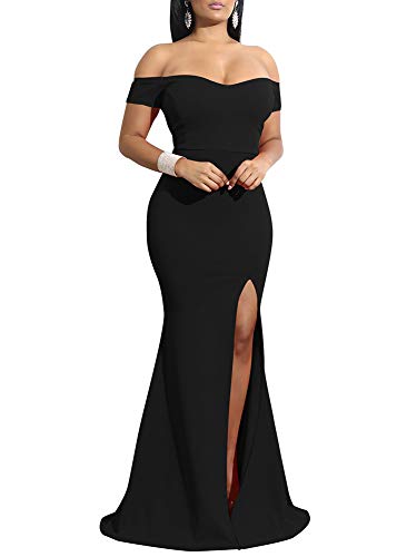 YMDUCH Women's Off Shoulder High Split Long Formal Party Dress Evening Gown Black