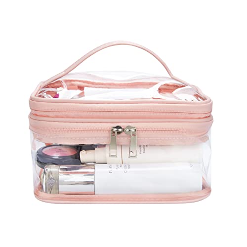 HAOGUAGUA Double Layer Clear Cosmetic Bag Makeup Bag, Waterproof Travel Toiletry Bag, Transparent PVC Hair & Nail Accessories Pouch Beach Bag Organizer (Pink)