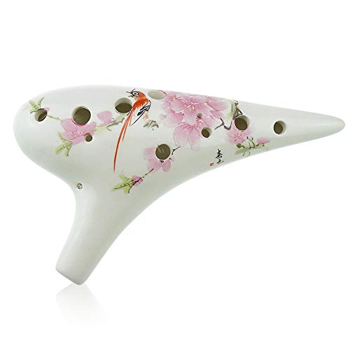 12 Hole Ceramic Ocarina with 'Bird Loves Flower' Design, Hand Painted by OcarinaWind