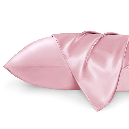 Bedsure Satin Pillowcase for Hair and Skin Queen - Pink Silky, 20x30 Inches - Set of 2 with Envelope Closure, Similar to Silk , Gifts for Women Men