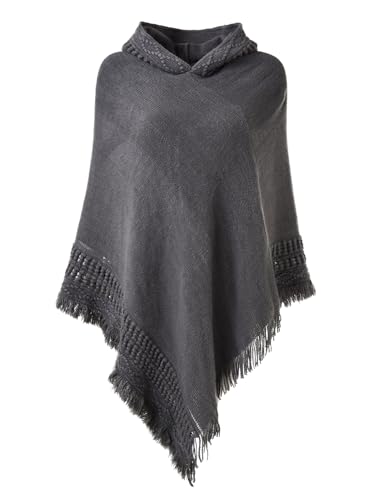 Ferand Ladies' Hooded Cape with Fringed Hem, Crochet Poncho Knitting Patterns for Women, Grey