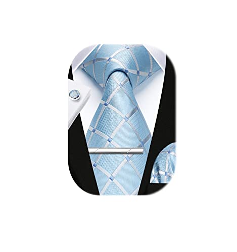 HISDERN Light Blue Ties for Men Plaid Checkered Tie and Pocket Square Cufflinks Tie Clip Set Silk Woven Men's Neckties Formal Business Wedding