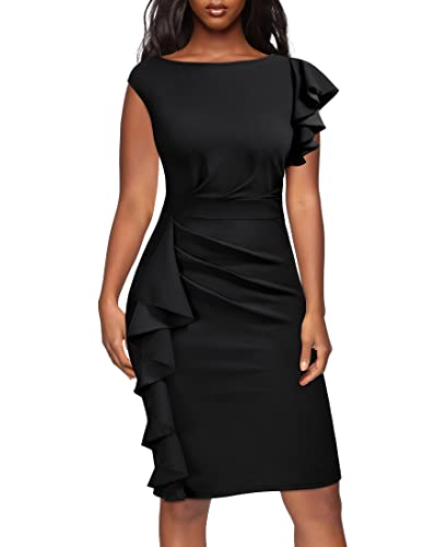 AISIZE Women's Pinup Vintage Ruffle Sleeves Cocktail Party Pencil Dress Medium Black