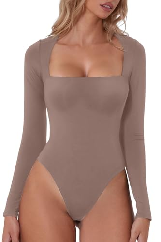 QINSEN Shapewear Bodysuit for Women Curved Shoulders Bodycon Long Sleeve T Shirt Tops Rose Taupe M