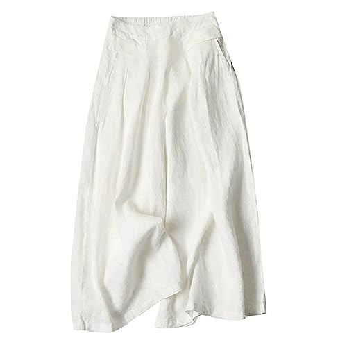 Generic Women Linen Palazzo Pants Summer Casual High Waist Wide Leg Flowy Culotte Trousers Pants for Women Linen Plus (White-3, M)