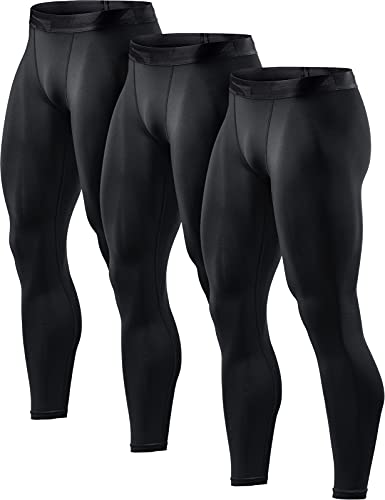 TSLA Men's Compression Pants, Cool Dry Athletic Workout Running Tights Leggings with Pocket/Non-Pocket, 3pack Cool Dry Pants Black/Black/Black, Medium