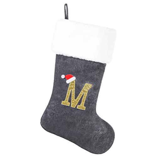 SIRIPHUM 20 Inches Monogram Christmas Stocking Deluxe Grey Velvet Body with Super Soft Plush Cuff Embroidered Letter(M)