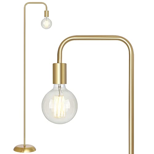 QiMH Industrial Floor Lamp with Light Bulb, Metal Standing Tall Modern Brushed Gold Led Living Room Lamp for Home Decor,Bedroom,Reading,Office(E26 Socket,Foot Switch)