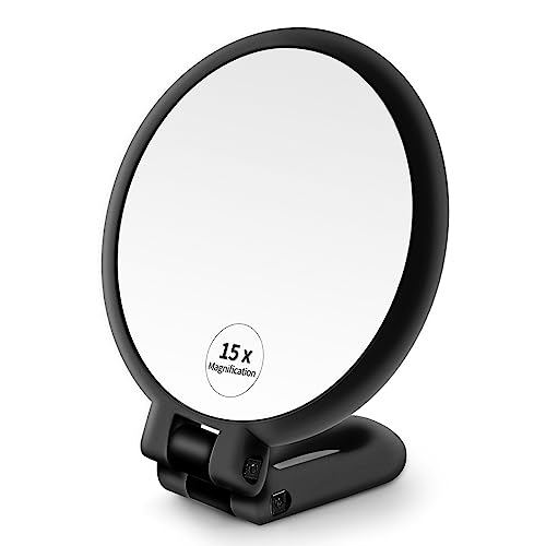 1X 15X Magnifying Hand Held Mirror,Double Side Folding Hand Mirror for Women with Adjustable Handle,Travel Table Desk Shaving Bathroom (Black)