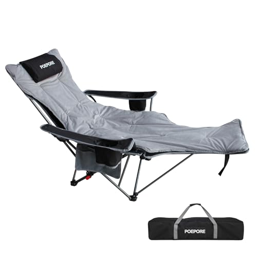 POEPORE Reclining Camping Chair with Removable Footrest Lounge Chair with Headrest, Cotton Cushion, Portable Adjustable Folding Chairs for Adults
