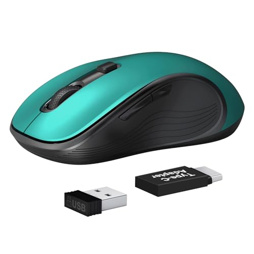 Deeliva Wireless Mouse, Computer Mouse Wireless 2.4G USB Cordless Mouse with 3 Adjustable DPI, 6 Buttons, Ergonomic Silent Mice with Type-C Adapter for Laptop PC Computer Chromebook (Green)