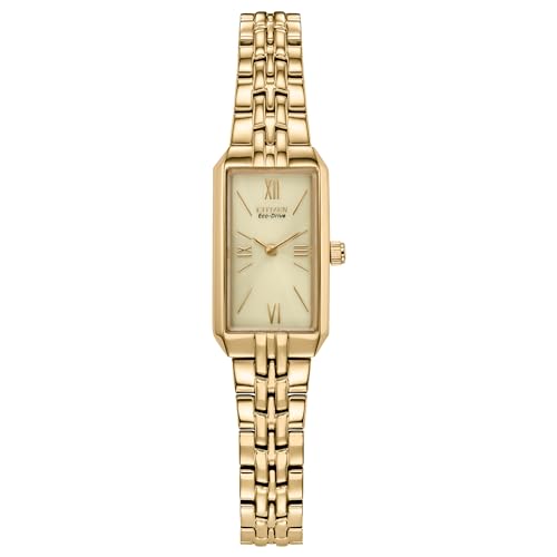 Citizen Ladies' Eco-Drive Classic Dress Corso Gold Tone Stainless Steel Rectangle Watch with Champagne Dial, 2-Hand, Jewelry Clasp
