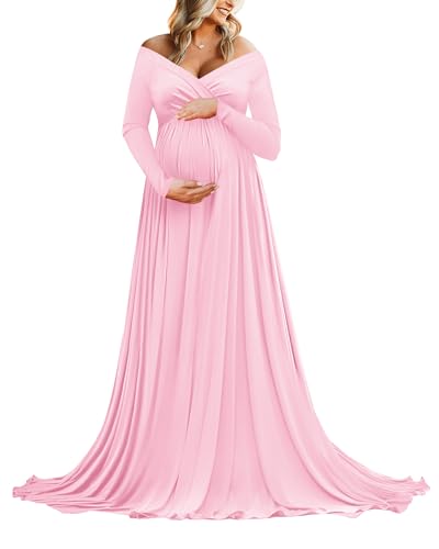 Saslax Maternity Off Shoulders Long Sleeve Half Circle Gown for Baby Shower Photo Props Dress Pink 29 Large