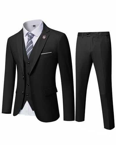 MYS Men's 3 Piece Slim Fit Suit Set, 2 Button Blazer Jacket Vest Pants with Tie, Solid Wedding Dress Tux and Trousers Black