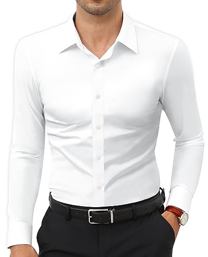 Lion Nardo White Dress Shirts for Men Men's White Dress Shirt Long Sleeve White Button Down Shirt Slim Fit Dress Shirts