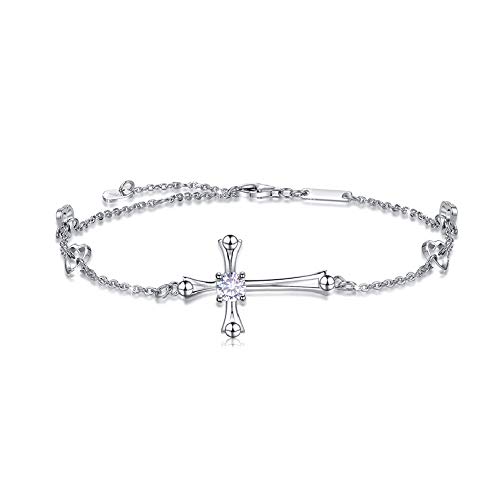 Cross Ankle Bracelet For Women, 925 Sterling Silver Charm Adjustable Foot Anklet, Large Cross Bracelet (One Cubic Zirconia Diamond Cross)