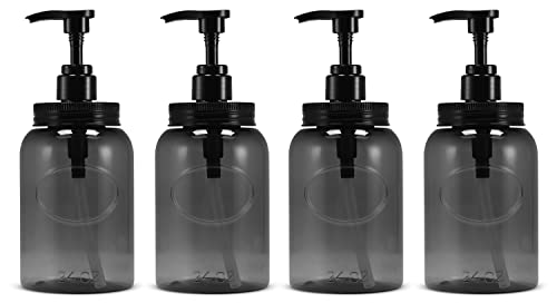 Bottiful Home-24 oz Plastic Refillable Wide-Mouth Jar Style Pump Bottle Dispenser Set of 4 for Shampoo, Conditioner, Wash, Soap, Lotion, Dish Soap, Sanitizer, Detergent (Gray)