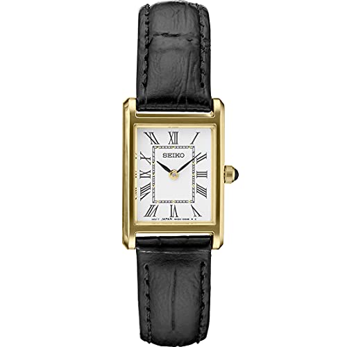 Seiko SWR054 Women's Watch - Water Resistant with Gold-Tone Stainless Steel Rectangular Case, White Dial with Roman Numerals, Black Leather Strap