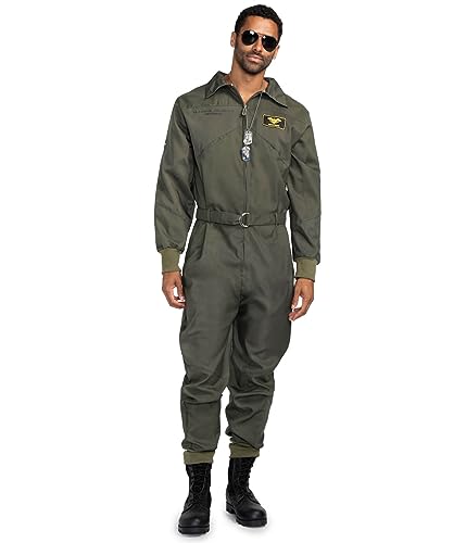 Tipsy Elves' Men's Pilot Costume - Green Military Flight Halloween Jumpsuit Size Large