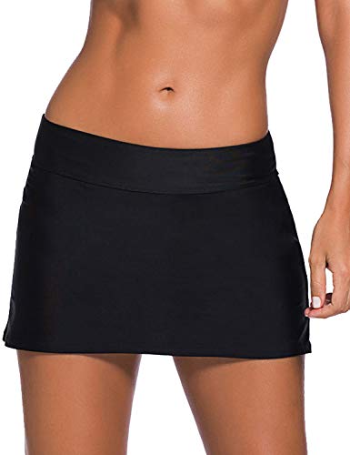 REKITA Women Swim Skirt Solid Color Waistband Skort Bikini Bottom Black Medium