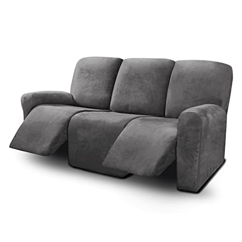 ULTICOR Velvet 8-Pieces Recliner Sofa Covers Stretch Reclining Couch Covers for 3 Cushion Reclining Sofa Slipcovers Furniture Covers Thick Soft Washable (3 Seater Recliner Cover, Dark Gray)