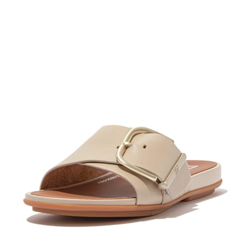 FitFlop Women's Gracie Maxi-Buckle Leather Slides Wedge Sandal, Stone Beige, 8