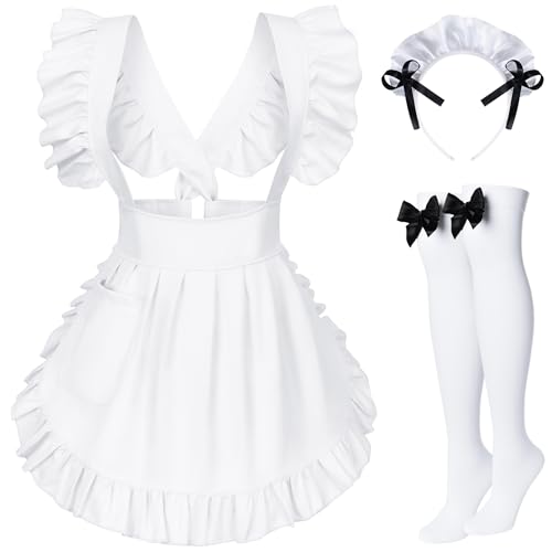 TOKYO REVENGERS Adjustable Retro Ruffle Maid Costume Apron Pockets With French headdress Socks set(Style1 White)