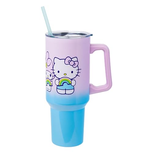 Silver Buffalo Sanrio Hello Kitty and Friends Featuring My Melody, Kuromi, and Pompompurin Rainbow Ombre Stainless Steel Tumbler with Handle and Straw, Fits in Standard Cup Holder, 40 Ounces