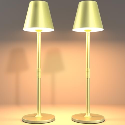 Timjorman 2Pack LED CordlessTable Lamp,4000mAh Rechargeable Battery Desk lamp,3 Level Brightness Night Light, Simple Design, for Couple Dinner/Coffee Table/Restaurant/Bedroom(Champagne Gold 2Pack)