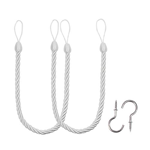 BEL AVENIR Curtain Ropes Tiebacks Tie-Backs, Curtain Handmade Holdbacks with 2 Metal Screw Hooks - White 2 Pack
