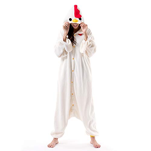 Beauty Shine Unisex Adult Onesie One Piece Pajamas Cosplay Cartoon Costume Halloween Christmas Sleepwear Jumpsuit Plush Homewear(White Chicken, Large)