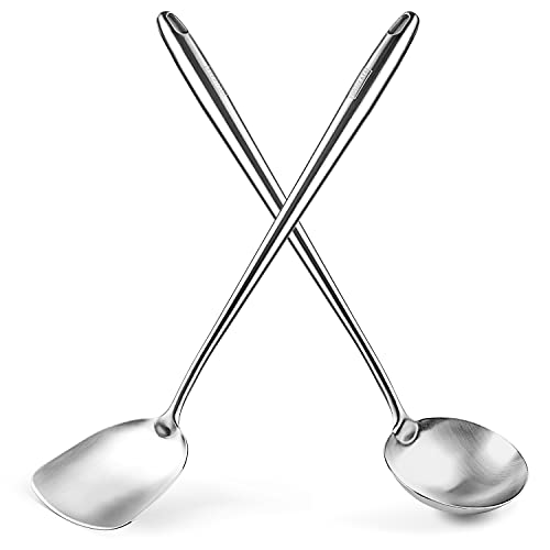 YOSUKATA 17’’ Wok Spatula and Ladle - Set of 2 Heat-Resistant Wok Tools - Universal Wok Ladle and Spatula - High-Grade Stainless Steel Cooking Utensils and Wok Accessories - Solid Wok Utensils