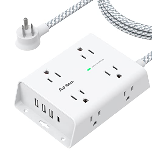 Surge Protector Power Strip - 8 Widely Outlets with 4 USB Ports(1 USB C Outlet), Addtam 3-Side Outlet Extender Strip with 5Ft Extension Cord, Flat Plug, Wall Mount for Dorm Home Office, ETL Listed