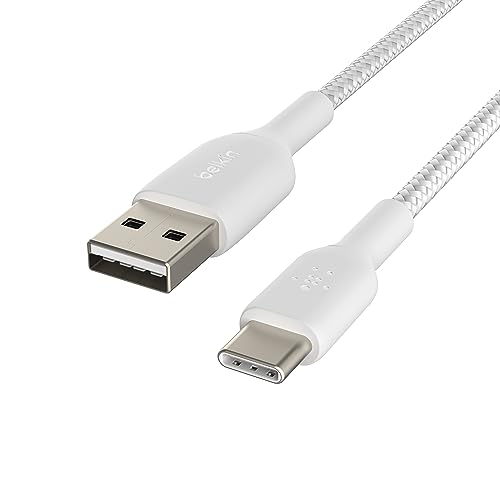 Belkin BoostCharge Braided USB-C Cable (2M/6.6ft), USB-C to USB-A Cable, USB Type-C Cable for iPhone 15 Series, Samsung Galaxy S24, Note20, Pixel 8, Pixel 7, iPad Pro, Nintendo Switch, & More - White