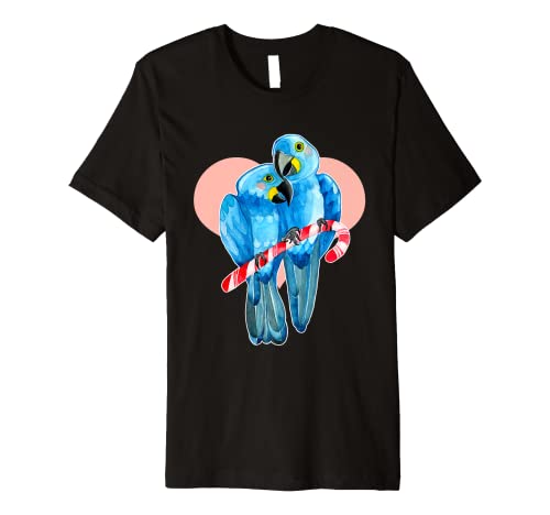 Hyacinth Macaw Parrot Pair on Candy Cane and Heart Premium T-Shirt