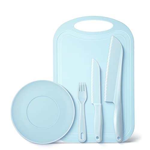 Hartya Kid-Safe Cooking Knife Set for Real Cooking With Cutting Board, Plastic Knives, Plate & Fork, BPA-Free Kids Knives/Toddler Knives (Blue)