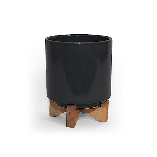 MISCO Ceramic Planter with Wood Stand, 6.5 Inch in Height Planter and 5.1 Inch in Diameter, Black Ceramic Pot for Plants and Flowers for Indoor and Outdoor, Modern Decorative for The Home