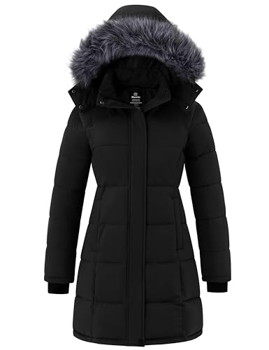 wantdo Women's Long Winter Coat Quilted Puffer Coat Hooded Winter Outwear (Black, L)